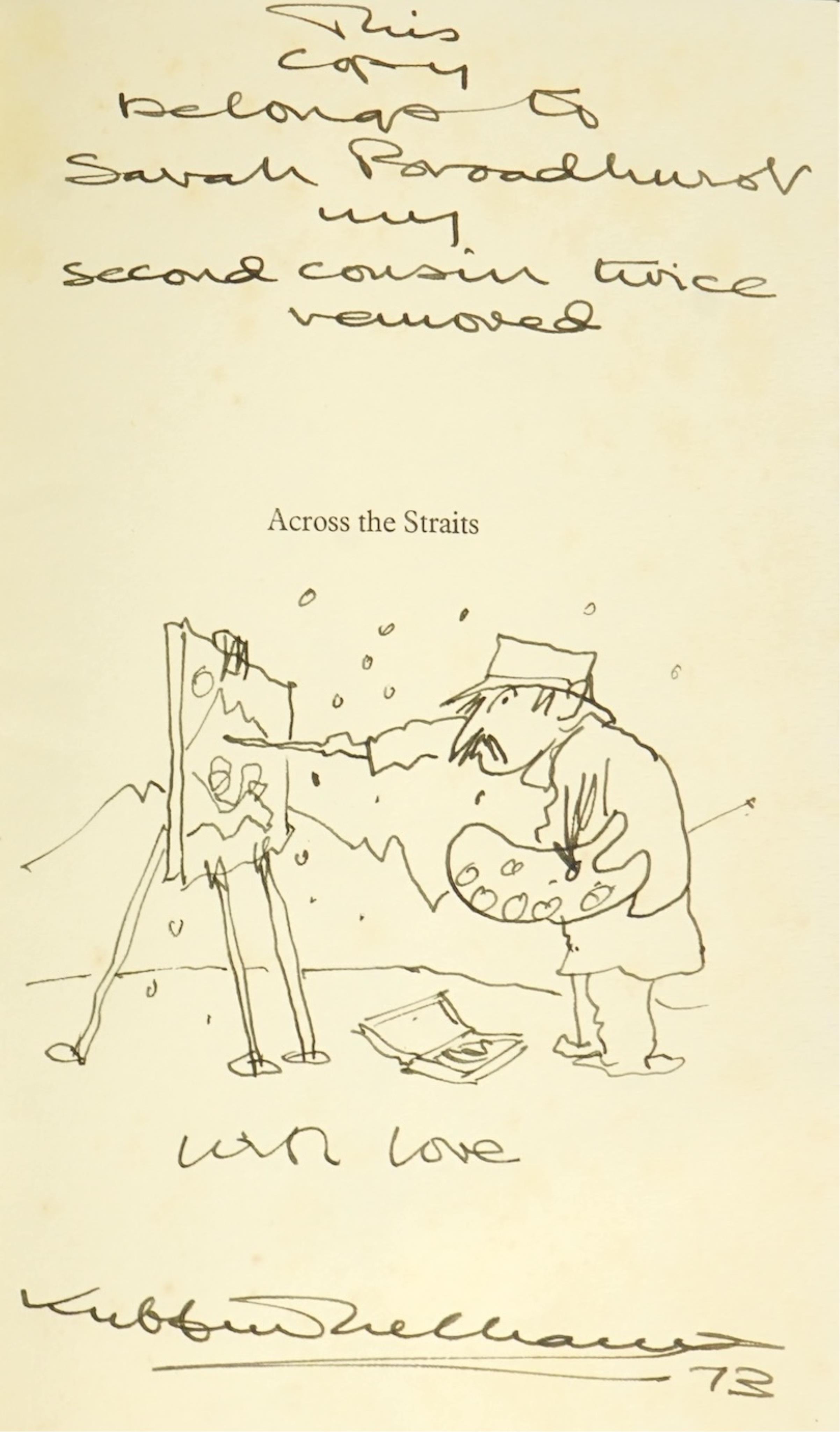 Sir Kyffin Williams RA (Welsh, 1918-2006), Artist painting in the snow, pen and ink within a copy of Across The Straits, 24.5 x 15cm